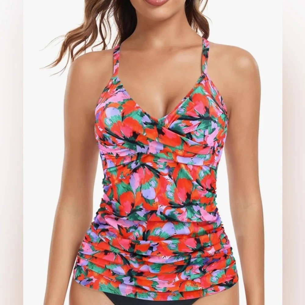 New-Medium Relleciga Vibrant Floral Orange & Red Tank Top Only